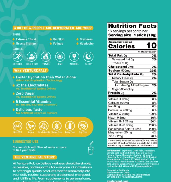 Venture Pal Sugar Free 7 Electrolytes & 5 Vitamins 16 Sticks Powder Pack 5.08 oz 144g