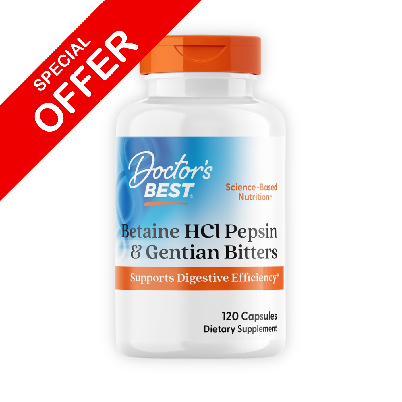 Doctor's Best Betaine HCI Pepsin & Gentian Bitters, Digestive Enzymes 120 Caps