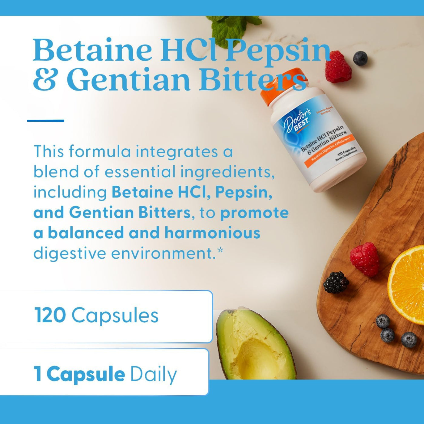 Doctor's Best Betaine HCI Pepsin & Gentian Bitters, Digestive Enzymes 120 Caps
