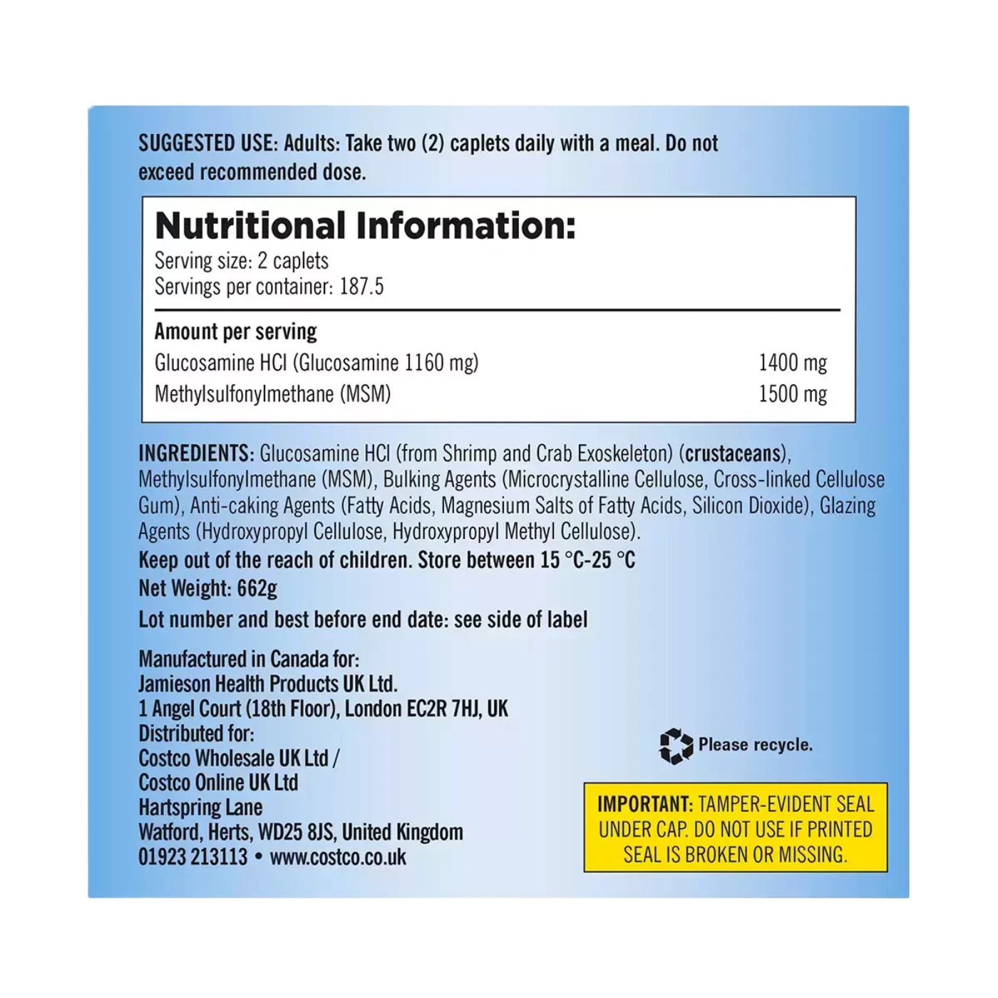 Kirkland Signature Glucosamine HCI with MSM 375 Tablets