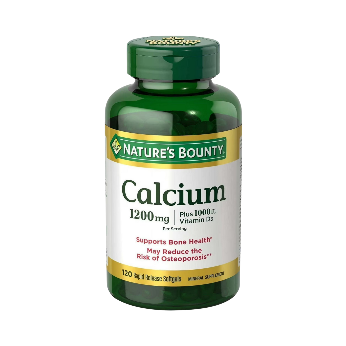 Nature’s Bounty Calcium Plus Vitamin D3 (1,200 mg) – 120 softgels