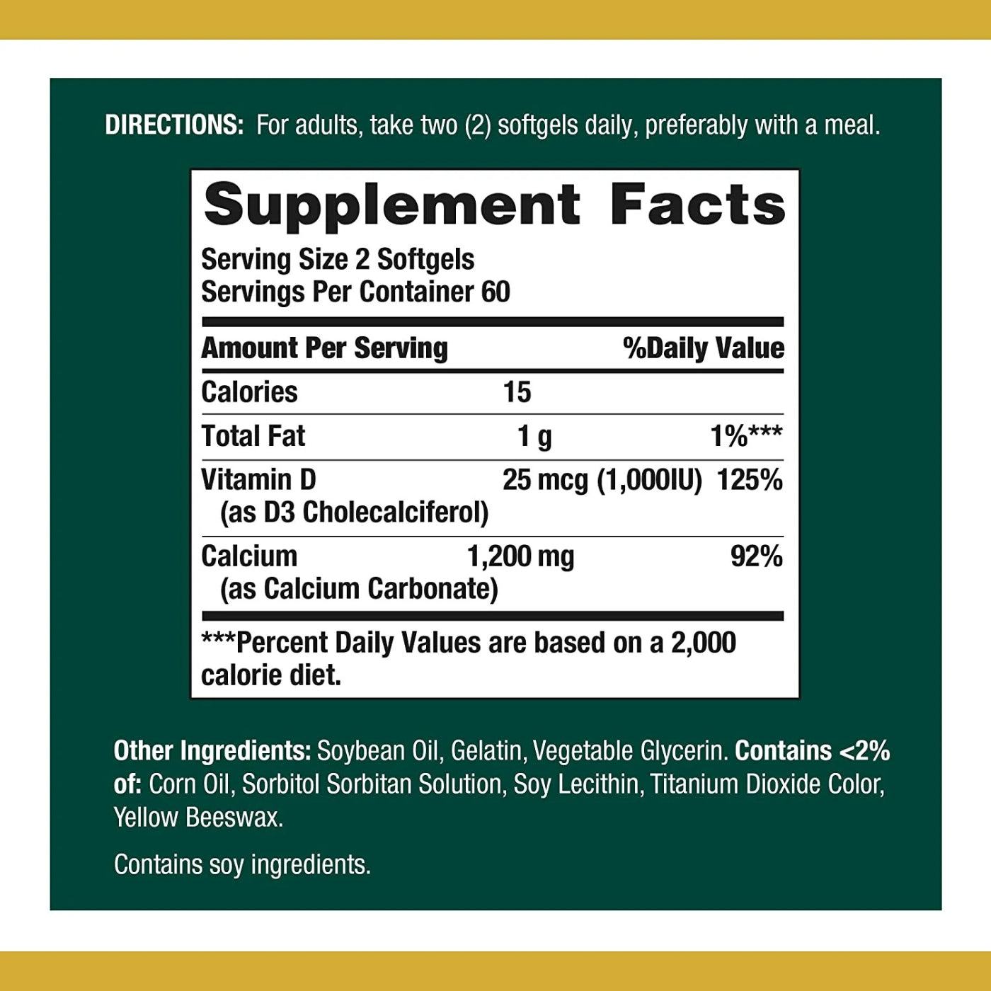 Nature’s Bounty Calcium Plus Vitamin D3 (1,200 mg) – 120 softgels
