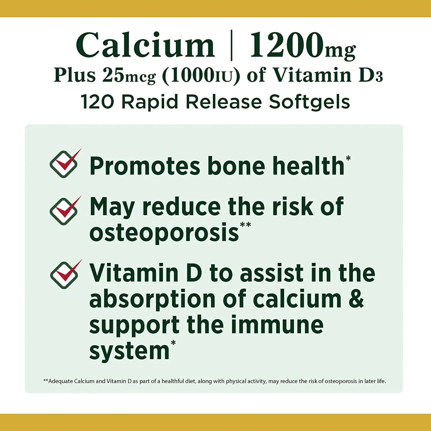 Nature’s Bounty Calcium Plus Vitamin D3 (1,200 mg) – 120 softgels
