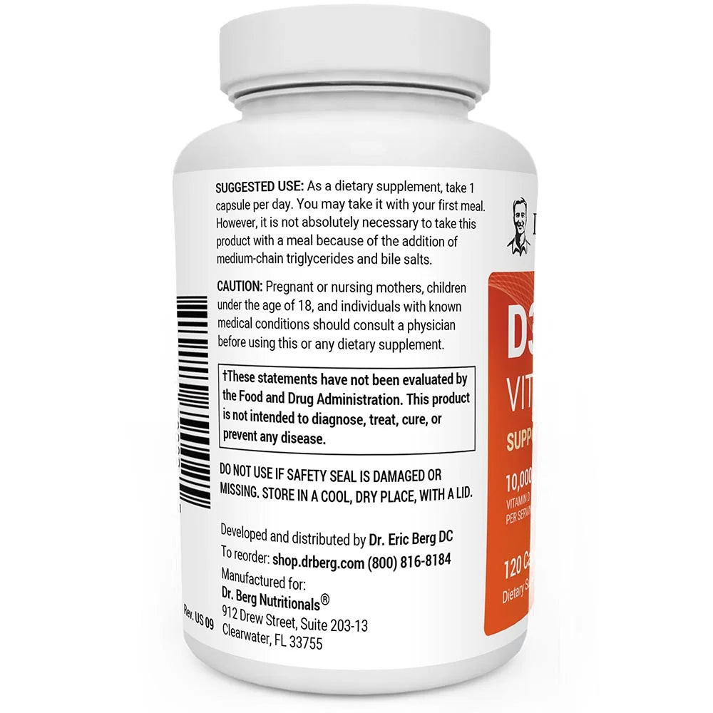 Dr. Berg Vitamin D3 & K2 – 10,000 IU D3 + 100 mcg K2, 120 Capsules