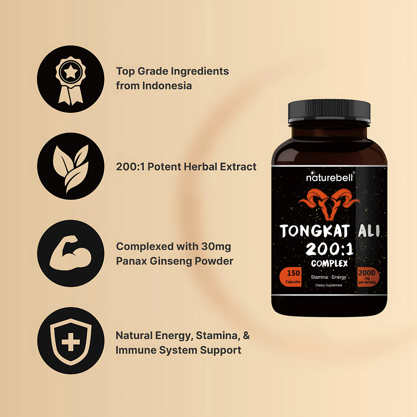NatureBell Tongkat Ali 200:1 Complex 2000 mg 150 Capsules