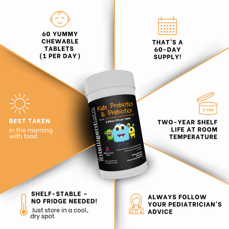 Intelligent Labs 6 Billion CFU Kids Probiotics and Prebiotics – 60 Chewable tablets