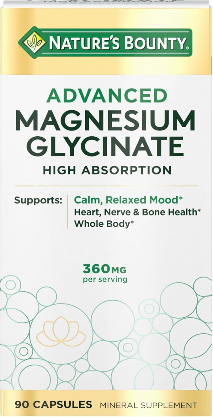 Nature’s Bounty Advanced Magnesium Glycinate 360mg 90 Capsules Calms Mood, Supports Heart, Nerve, Bone, Muscle