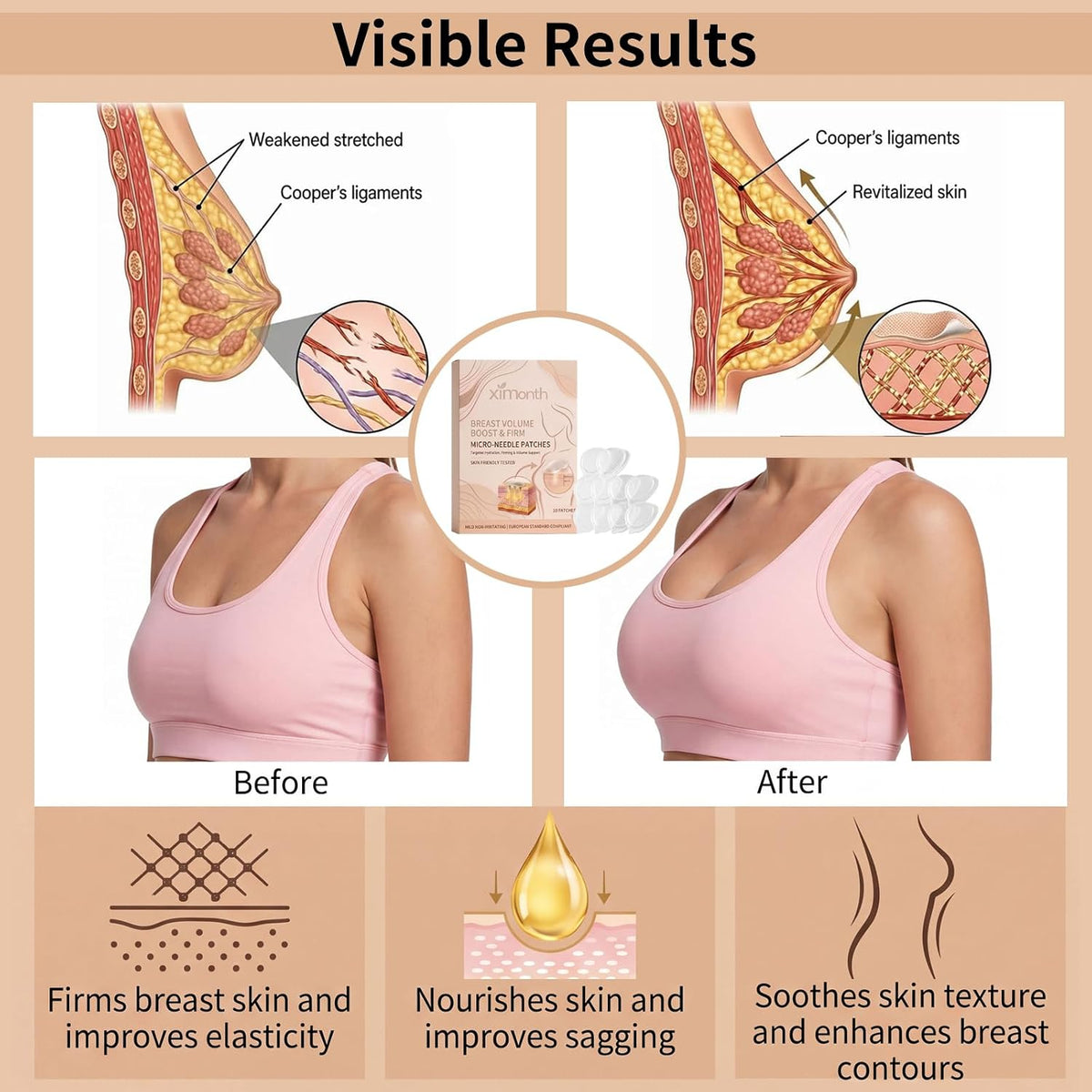 Ximonth Breast Volume Boost & Firm – Micro-Needle Patches, 10 Patches