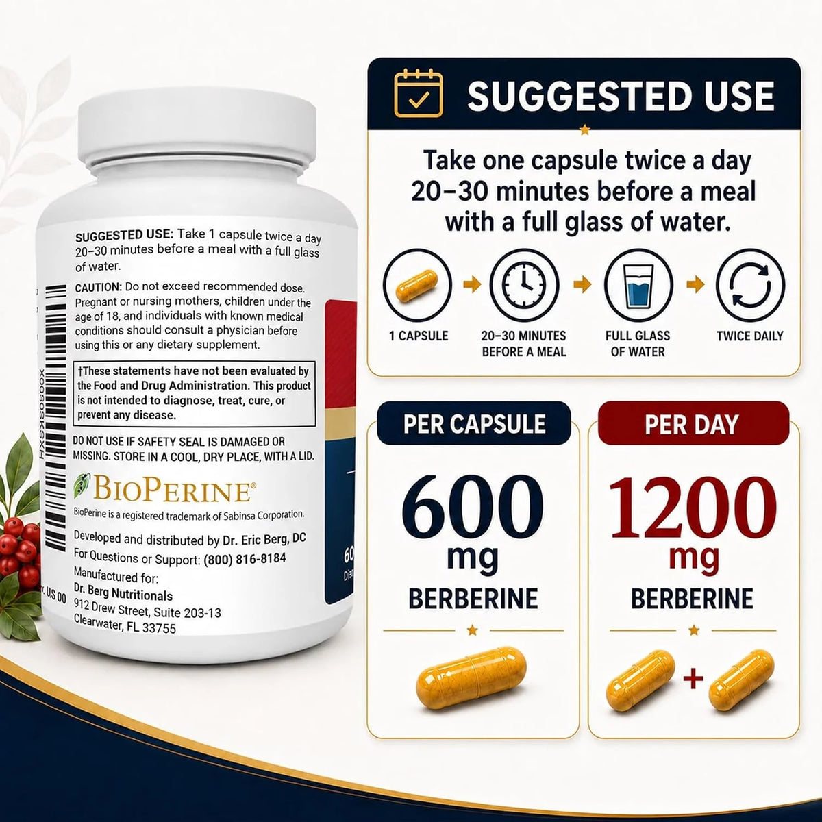 Dr. Berg Berberine with Ceylon Cinnamon – 1200 mg, 60 Capsules
