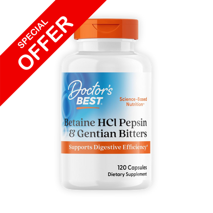 Doctor's Best Betaine HCI Pepsin & Gentian Bitters, Digestive Enzymes 120 Caps