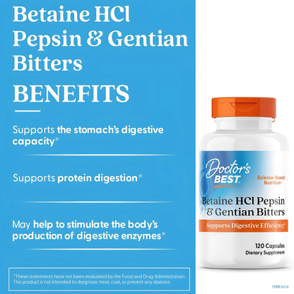 Doctor's Best Betaine HCI Pepsin & Gentian Bitters, Digestive Enzymes 120 Caps