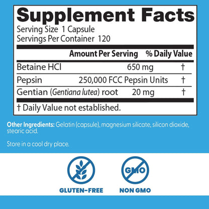 Doctor's Best Betaine HCI Pepsin & Gentian Bitters, Digestive Enzymes 120 Caps