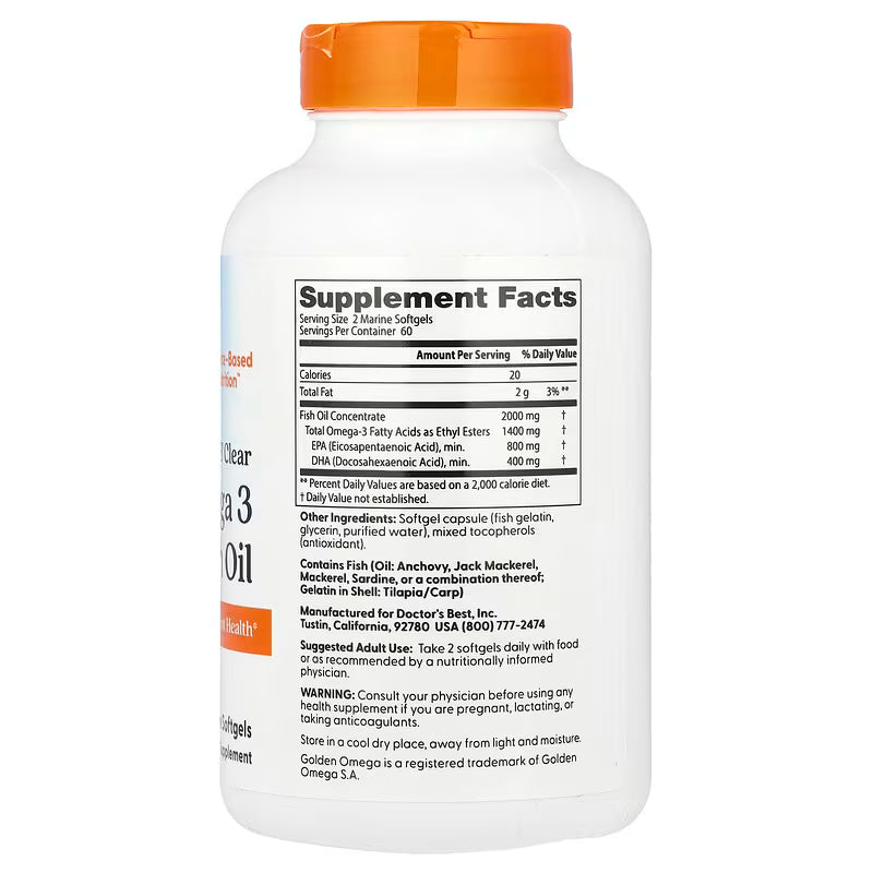 Doctor's Best, Purified & Clear Omega 3 Fish Oil, 120 Marine Softgels (1,000 mg per Softgel)