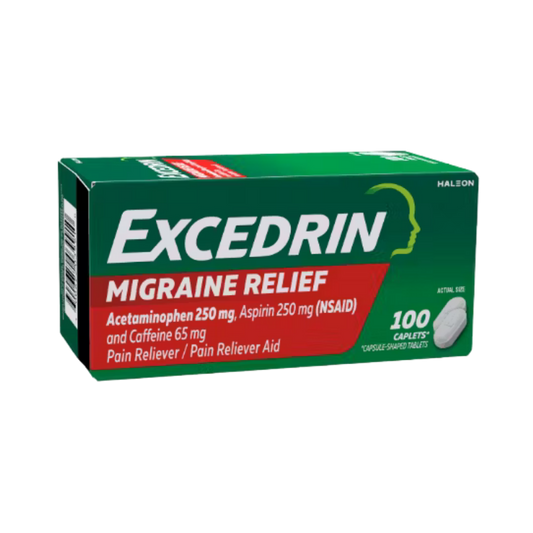Excedrin Migraine Pain Relief Acetaminophen 250 mg, Aspirin 250 mg, Caffein 65 mg 100, 200 Caplets