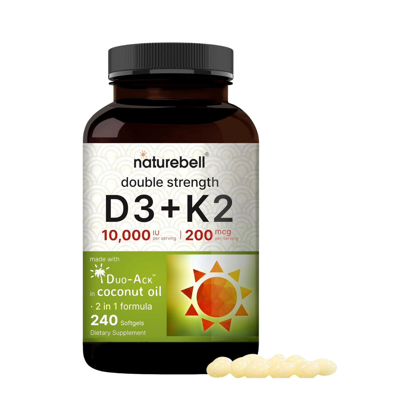 NatureBell Double Strength D3+K2 (10,000 IU Vitamin D + 200 mcg Vitamin K, 240 softgels)