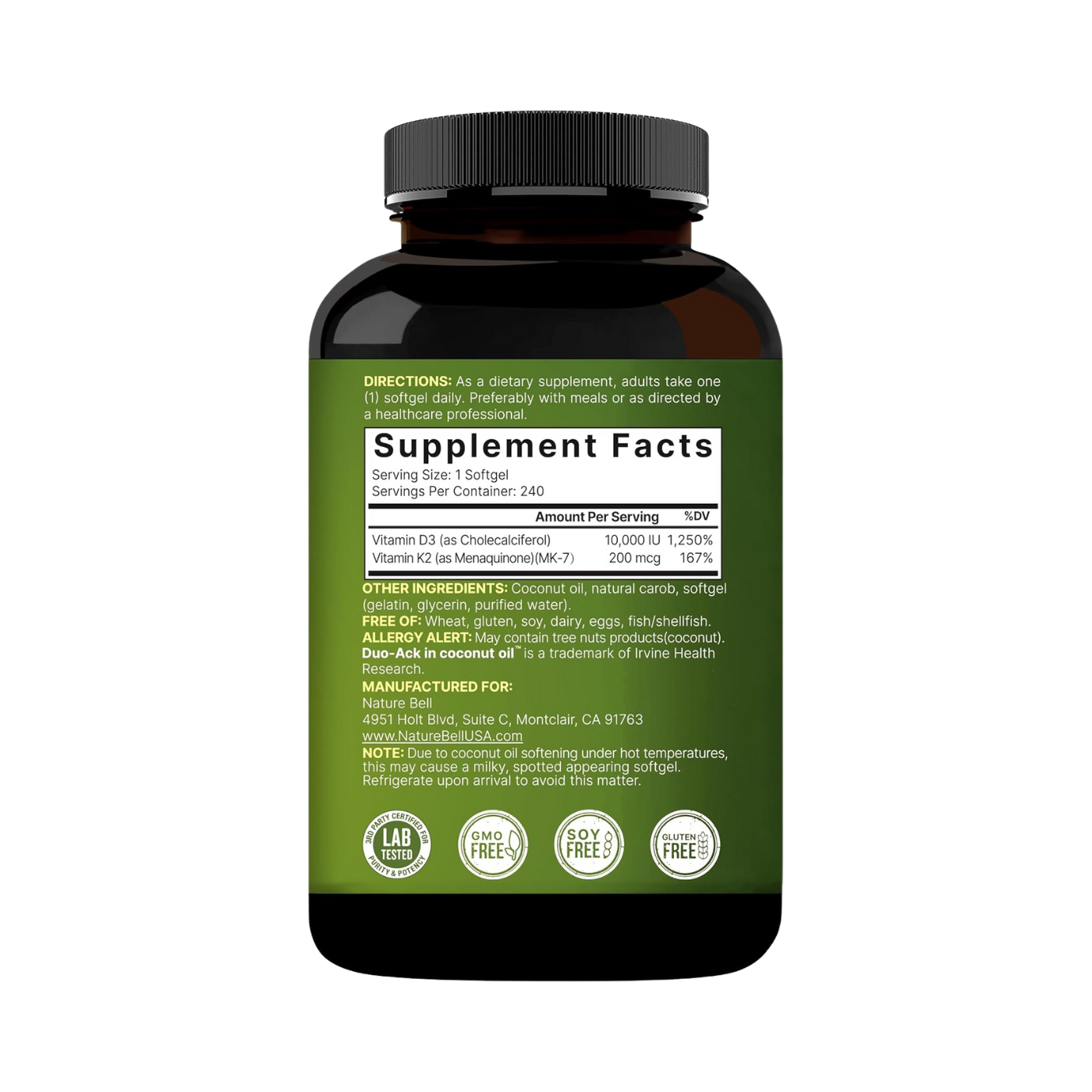 NatureBell Double Strength D3+K2 (10,000 IU Vitamin D + 200 mcg Vitamin K, 240 softgels)