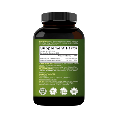 NatureBell Double Strength D3+K2 (10,000 IU Vitamin D + 200 mcg Vitamin K, 240 softgels)