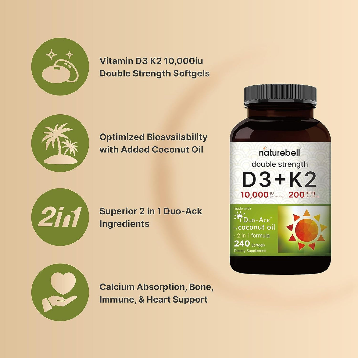 NatureBell Double Strength D3+K2 (10,000 IU Vitamin D + 200 mcg Vitamin K, 240 softgels)