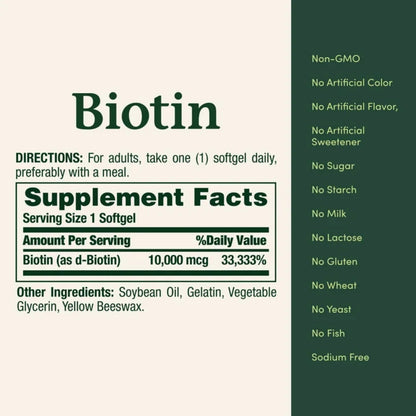 Nature’s Bounty Biotin (10,000 mcg) – 120, 250 softgels
