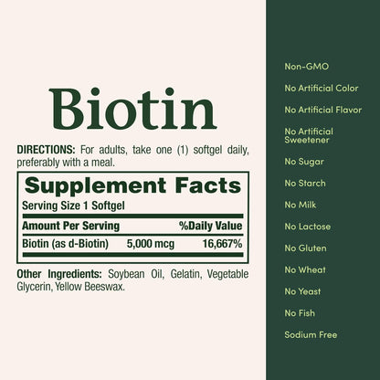 Nature’s Bounty Biotin (5,000 mcg) – 72, 150 Softgels