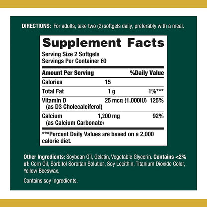 Nature’s Bounty Calcium Plus Vitamin D3 (1,200 mg) – 120 softgels