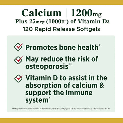Nature’s Bounty Calcium Plus Vitamin D3 (1,200 mg) – 120 softgels