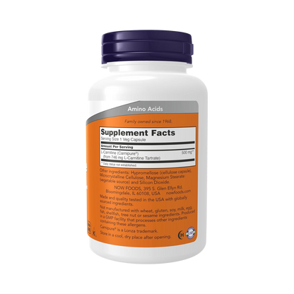 Now L-Carnitine 500mg 180 Veg Capsules Purest Form Amino Acid Fitness Support