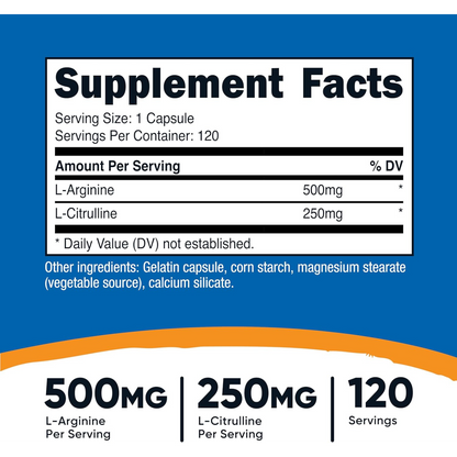 Nutricost L-Arginine L-Citrulline Complex 750mg, 120 Capsules - Non-GMO