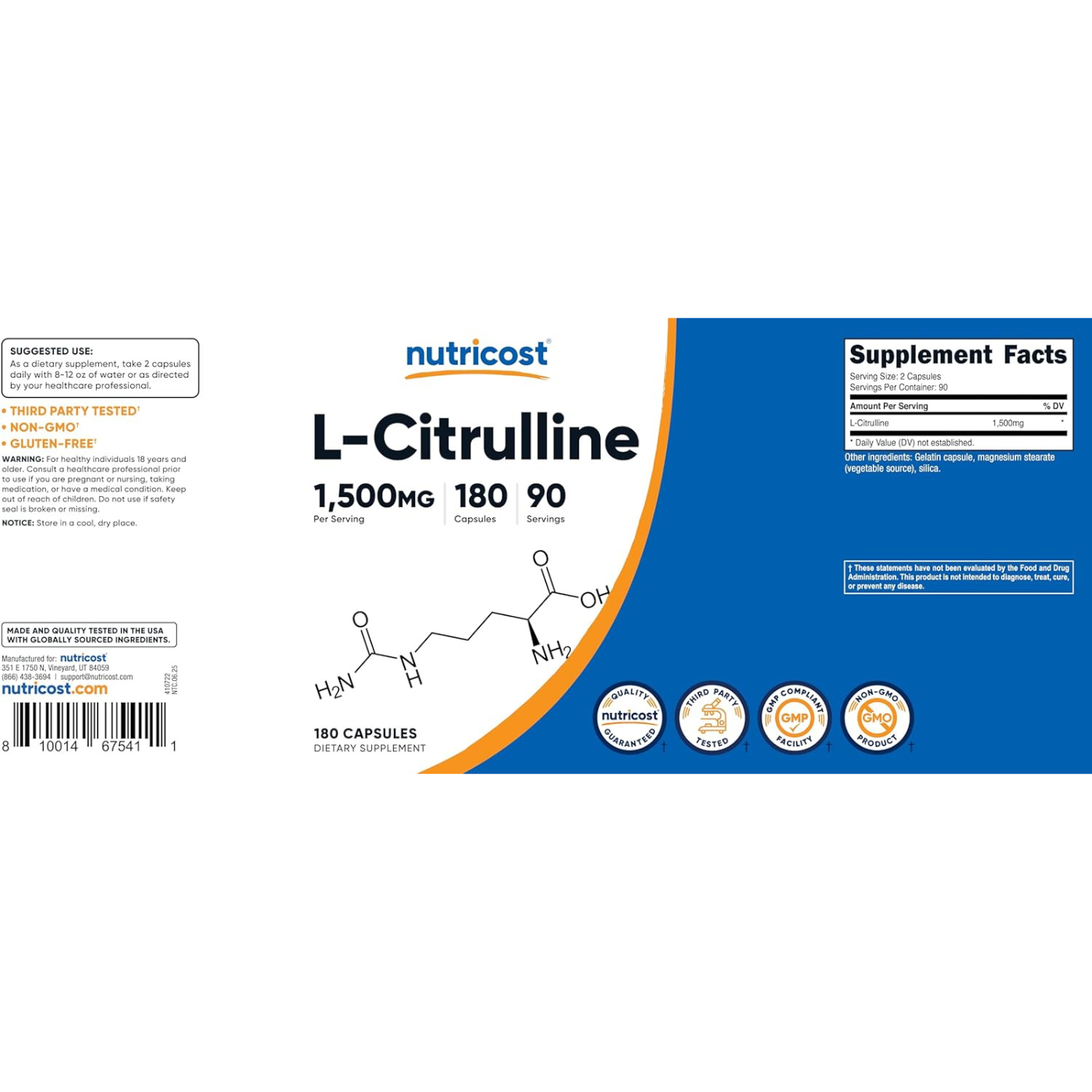 Nutricost L-Citrulline 1500mg 180 Capsules