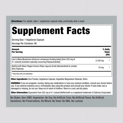 Piping Rock The Mushroom Experts Lion's Mane 2100 mg Veg Caps