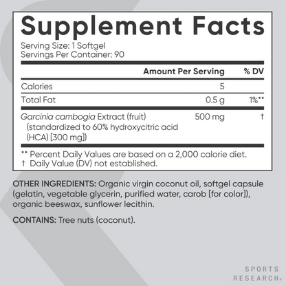 Sports Research Garcinia Cambogia Extract (60% HCA) with Extra Virgin Organic Coconut Oil | Non-GMO, Soy & Gluten Free 90 Liquid Softgels